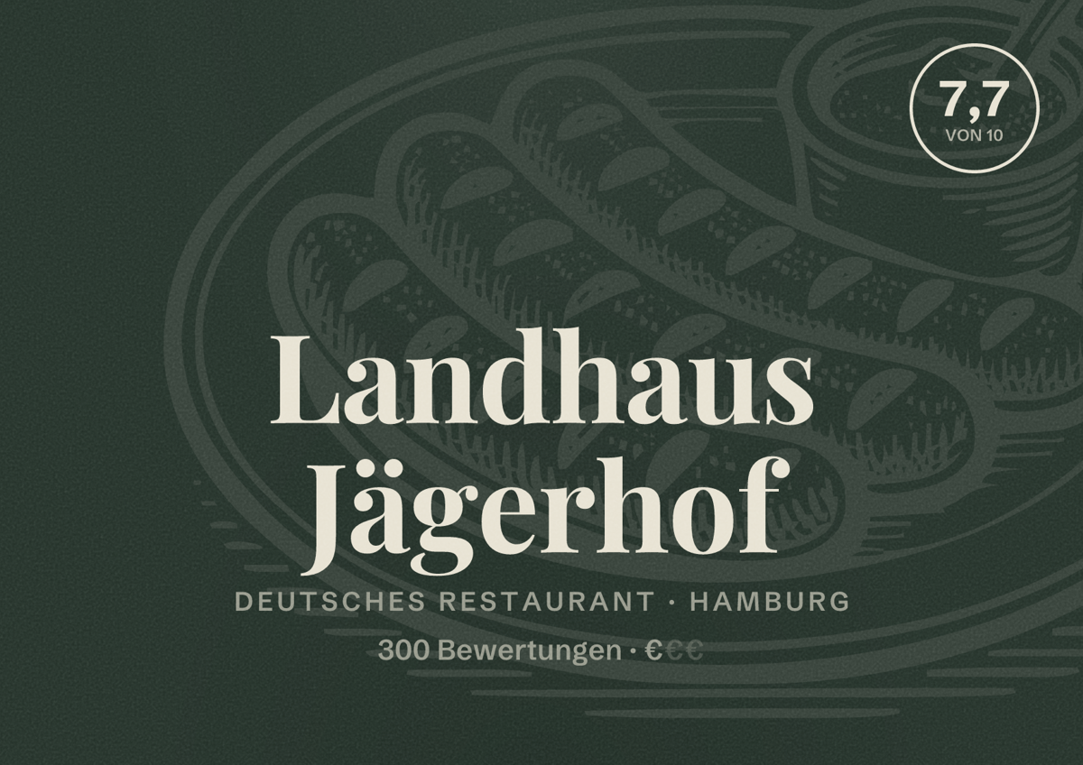 Illustriertes Poster von Landhaus Jägerhof, Deutsches Restaurant in Hamburg: Bewertung 7,7 von 10 aus 300 Bewertungen, Preisniveau €