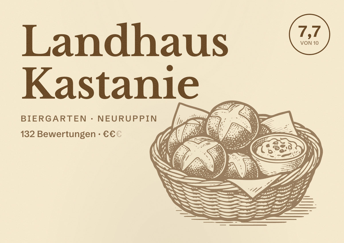 Illustriertes Poster von Landhaus Kastanie, Biergarten in Neuruppin: Bewertung 7,7 von 10 aus 132 Bewertungen, Preisniveau €€