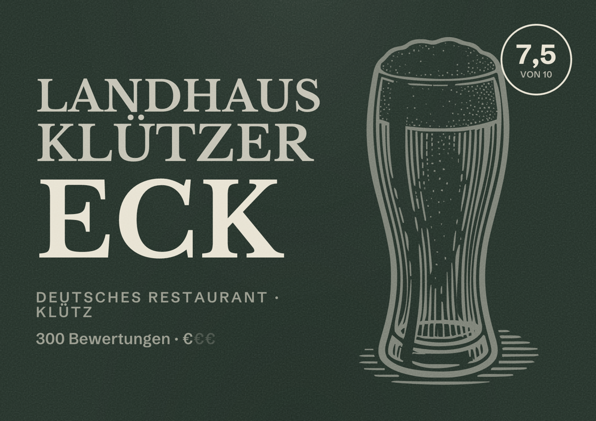Illustriertes Poster von Landhaus Klützer Eck, Deutsches Restaurant in Klütz: Bewertung 7,5 von 10 aus 300 Bewertungen, Preisniveau €