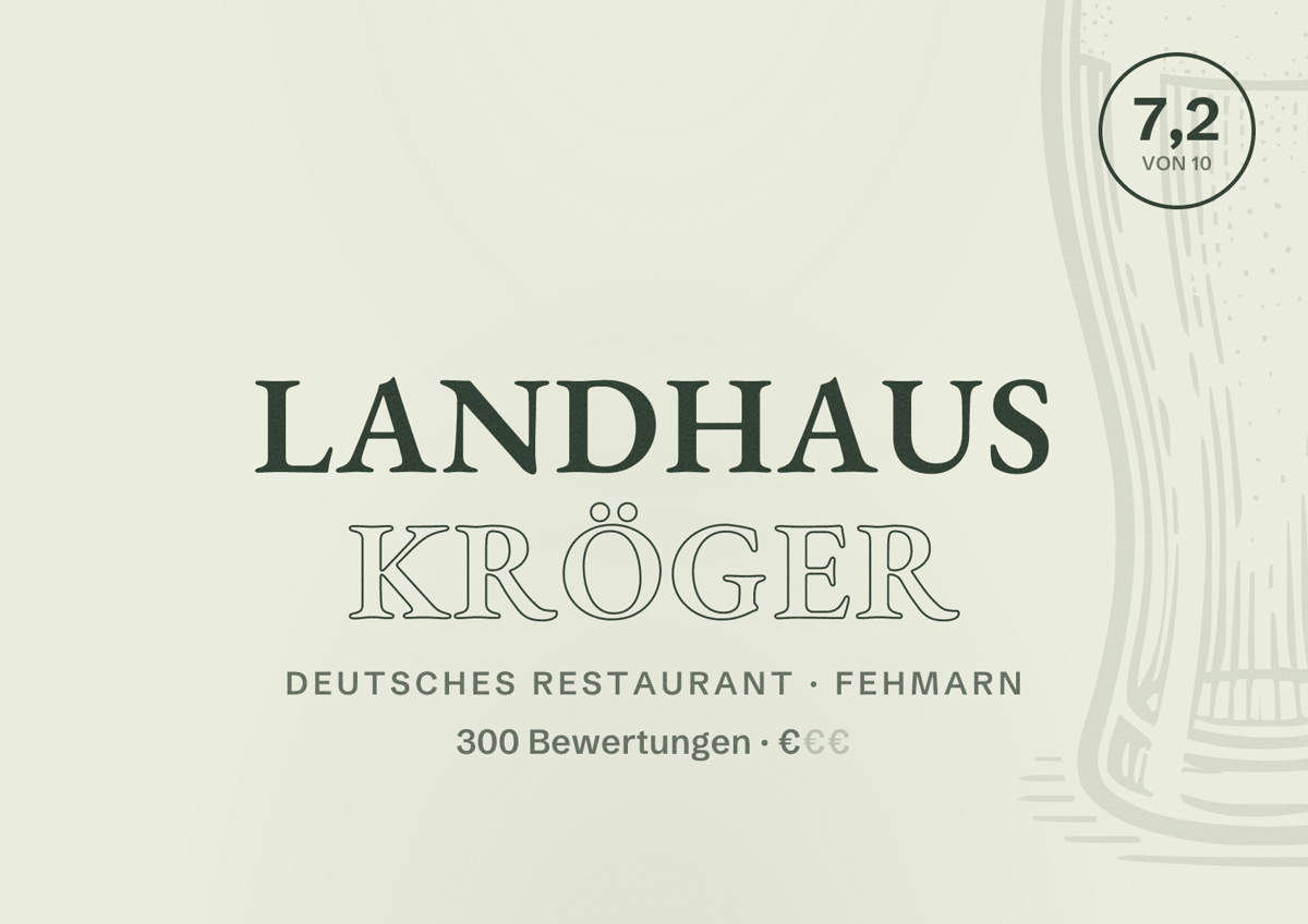Illustriertes Poster von Landhaus Kröger, Deutsches Restaurant in Fehmarn: Bewertung 7,2 von 10 aus 300 Bewertungen, Preisniveau €