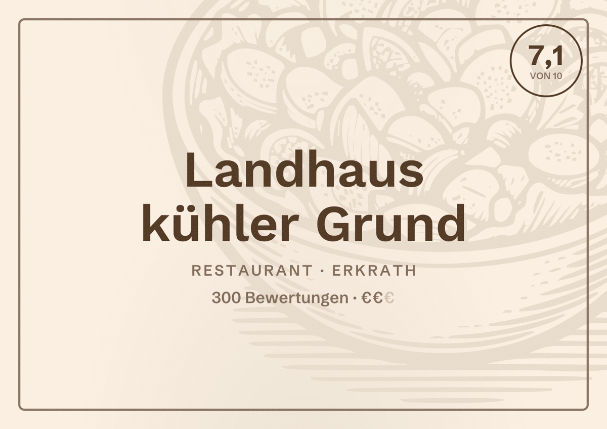 Illustriertes Poster von Landhaus kühler Grund, Restaurant in Erkrath: Bewertung 7,1 von 10 aus 300 Bewertungen, Preisniveau €€