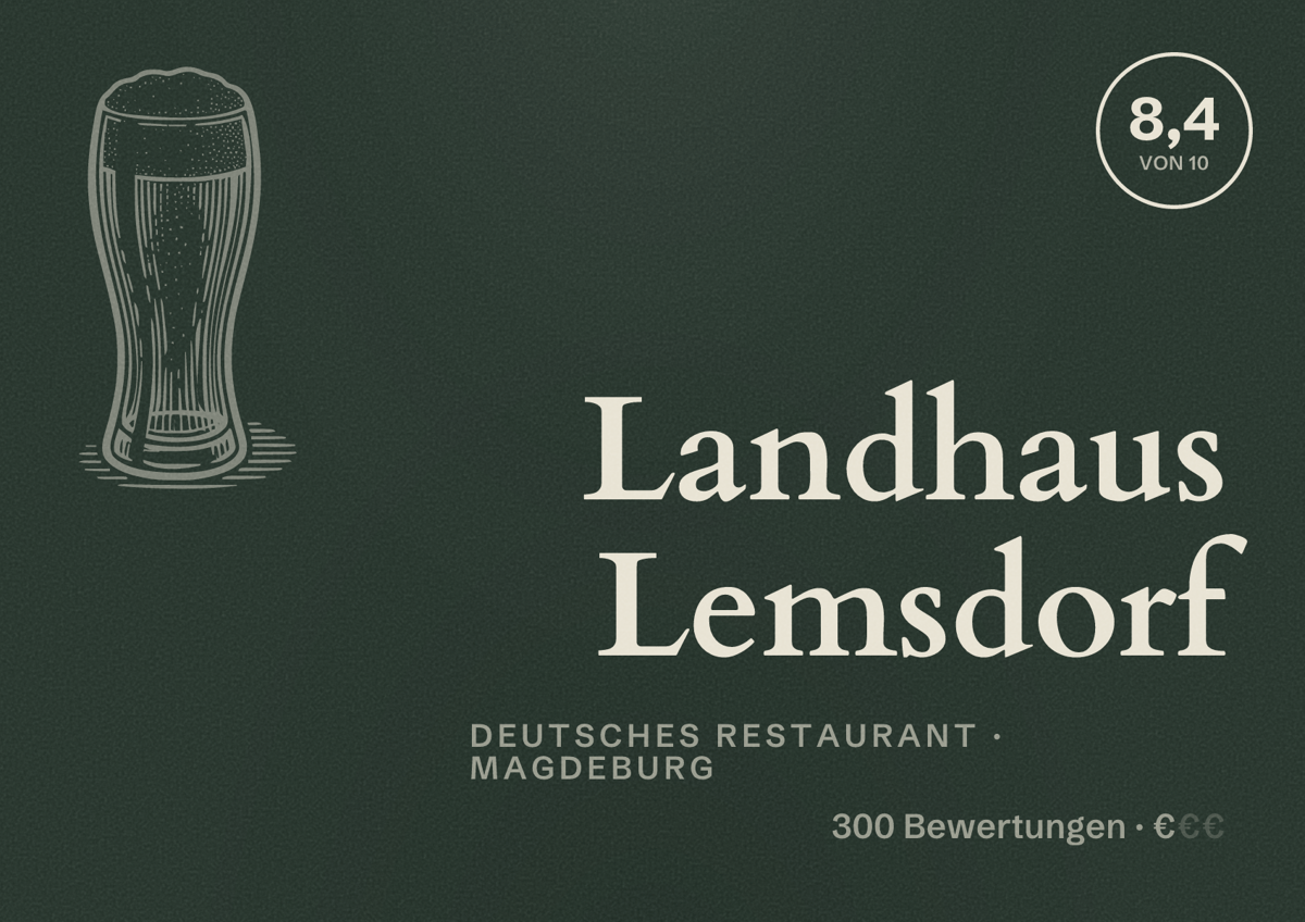 Illustriertes Poster von Landhaus Lemsdorf, Deutsches Restaurant in Magdeburg: Bewertung 8,4 von 10 aus 300 Bewertungen, Preisniveau €