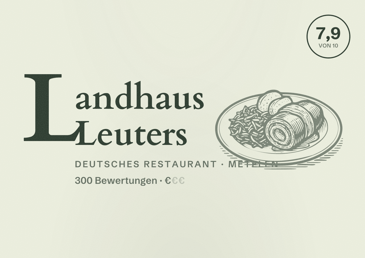 Illustriertes Poster von Landhaus Leuters, Deutsches Restaurant in Metelen: Bewertung 7,9 von 10 aus 300 Bewertungen, Preisniveau €