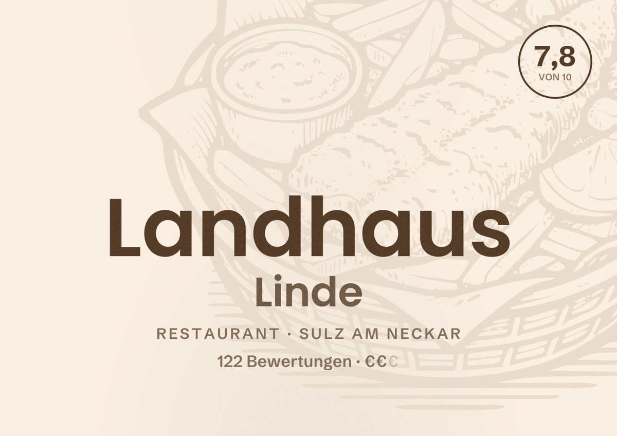 Illustriertes Poster von Landhaus Linde, Restaurant in Sulz am Neckar: Bewertung 7,8 von 10 aus 122 Bewertungen, Preisniveau €€