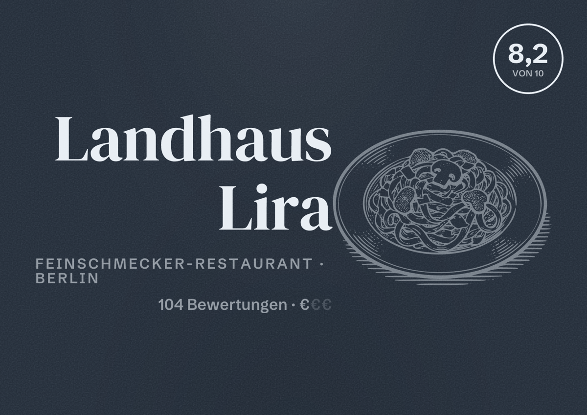 Illustriertes Poster von Landhaus Lira, Feinschmecker-Restaurant in Berlin: Bewertung 8,2 von 10 aus 104 Bewertungen, Preisniveau €