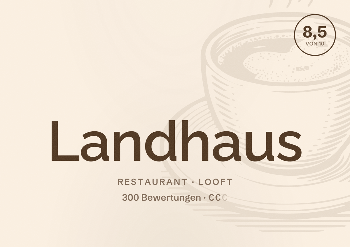 Illustriertes Poster von Landhaus, Restaurant in Looft: Bewertung 8,5 von 10 aus 300 Bewertungen, Preisniveau €€