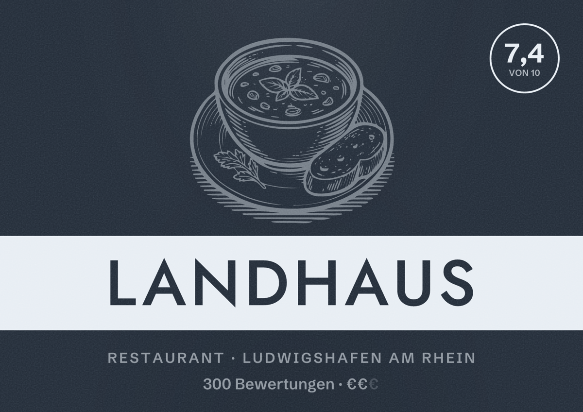 Illustriertes Poster von Landhaus, Restaurant in Ludwigshafen am Rhein: Bewertung 7,4 von 10 aus 300 Bewertungen, Preisniveau €€