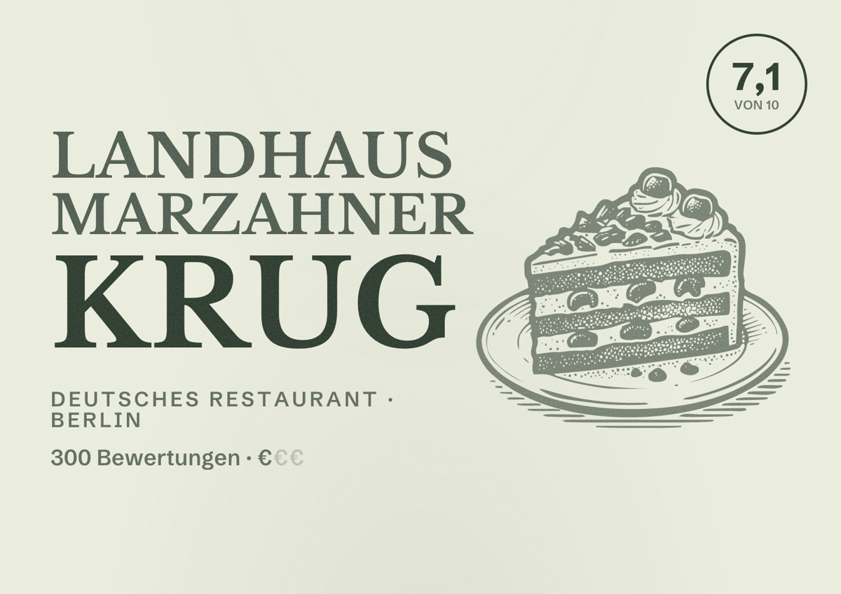 Illustriertes Poster von Landhaus Marzahner Krug, Deutsches Restaurant in Berlin: Bewertung 7,1 von 10 aus 300 Bewertungen, Preisniveau €