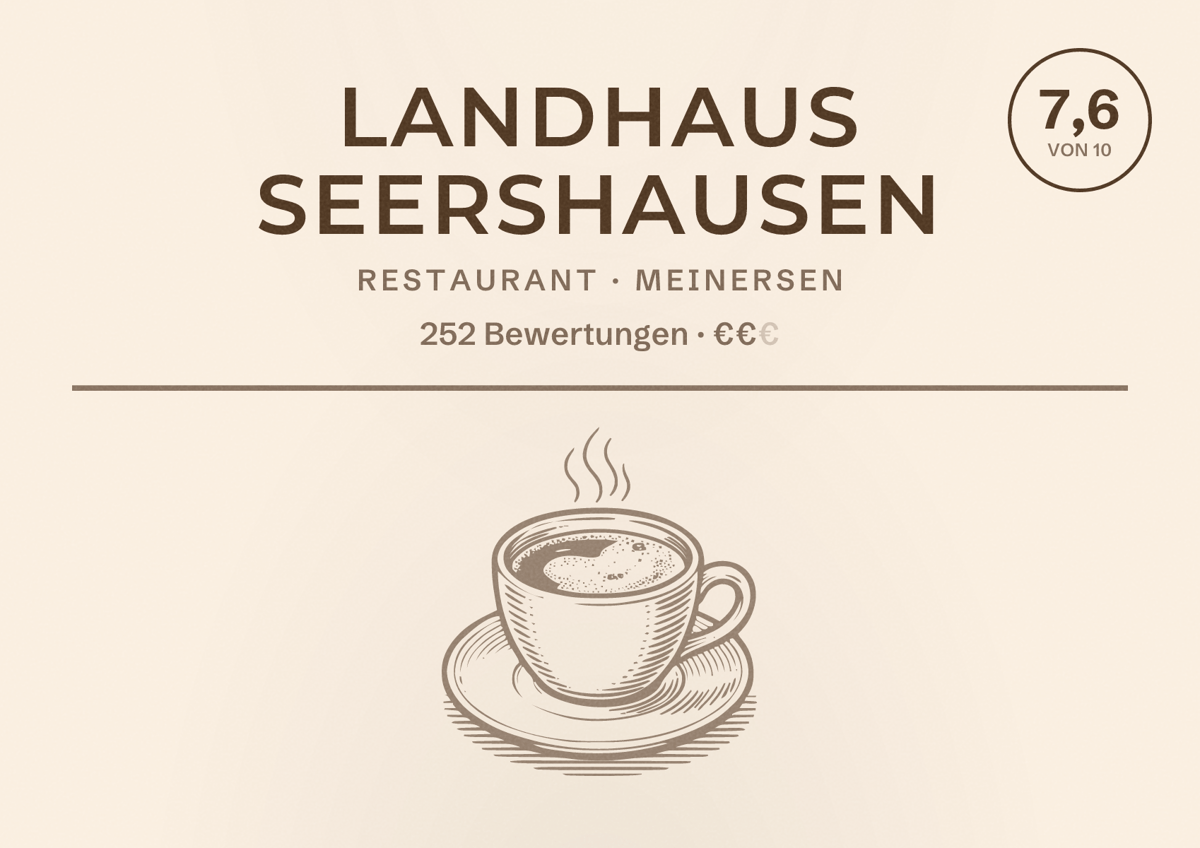 Illustriertes Poster von Landhaus Seershausen, Restaurant in Meinersen: Bewertung 7,6 von 10 aus 252 Bewertungen, Preisniveau €€