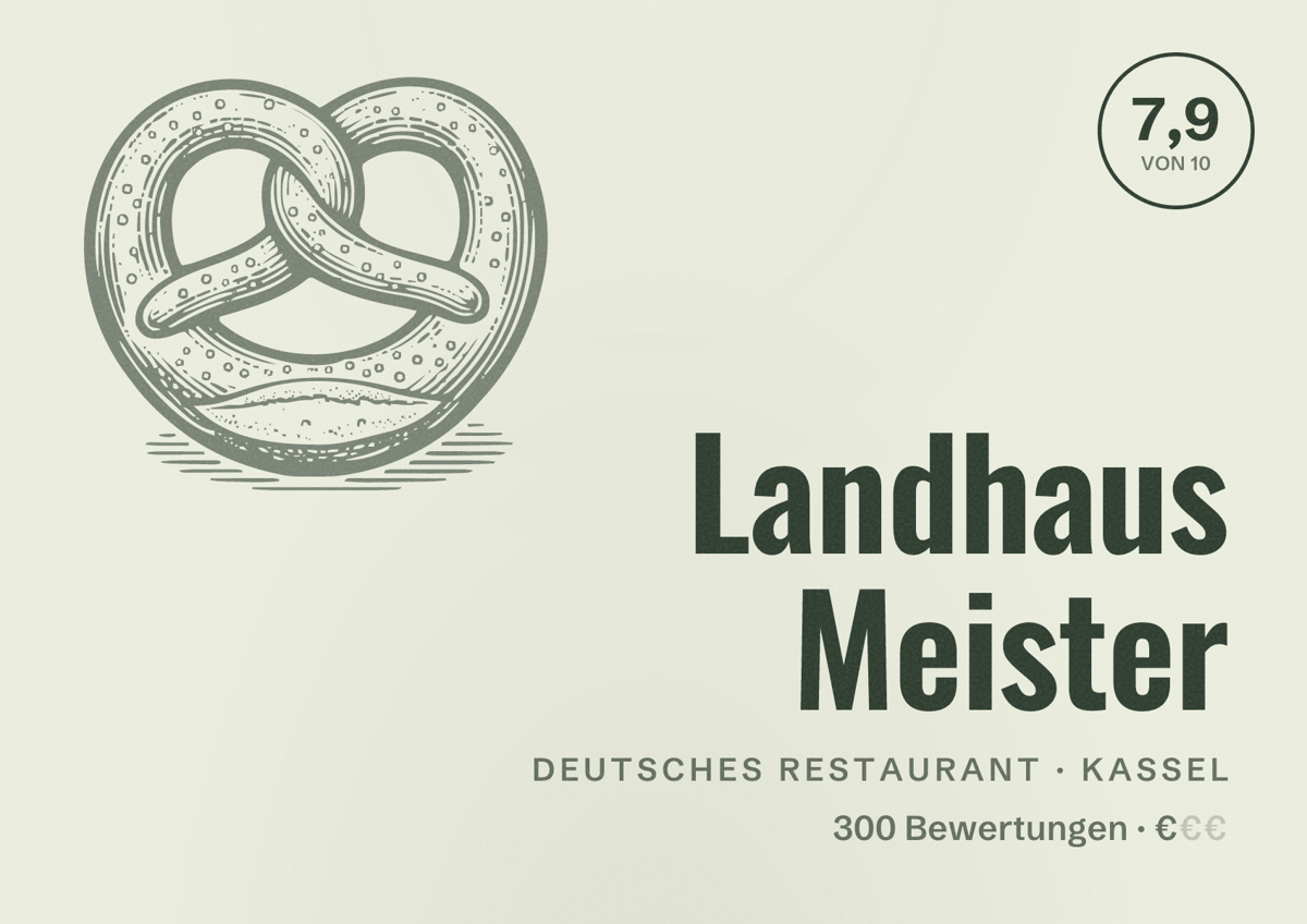 Illustriertes Poster von Landhaus Meister, Deutsches Restaurant in Kassel: Bewertung 7,9 von 10 aus 300 Bewertungen, Preisniveau €