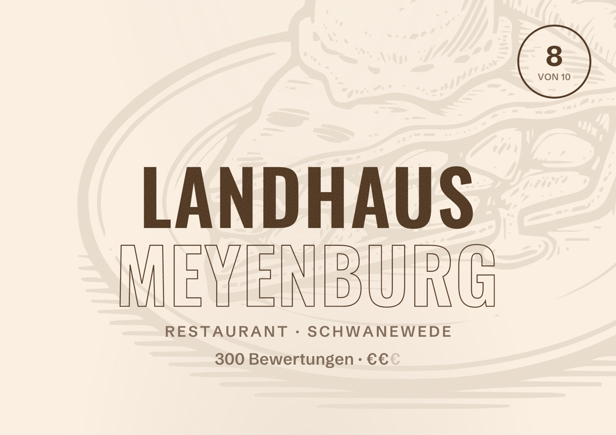Illustriertes Poster von Landhaus Meyenburg, Restaurant in Schwanewede: Bewertung 8 von 10 aus 300 Bewertungen, Preisniveau €€