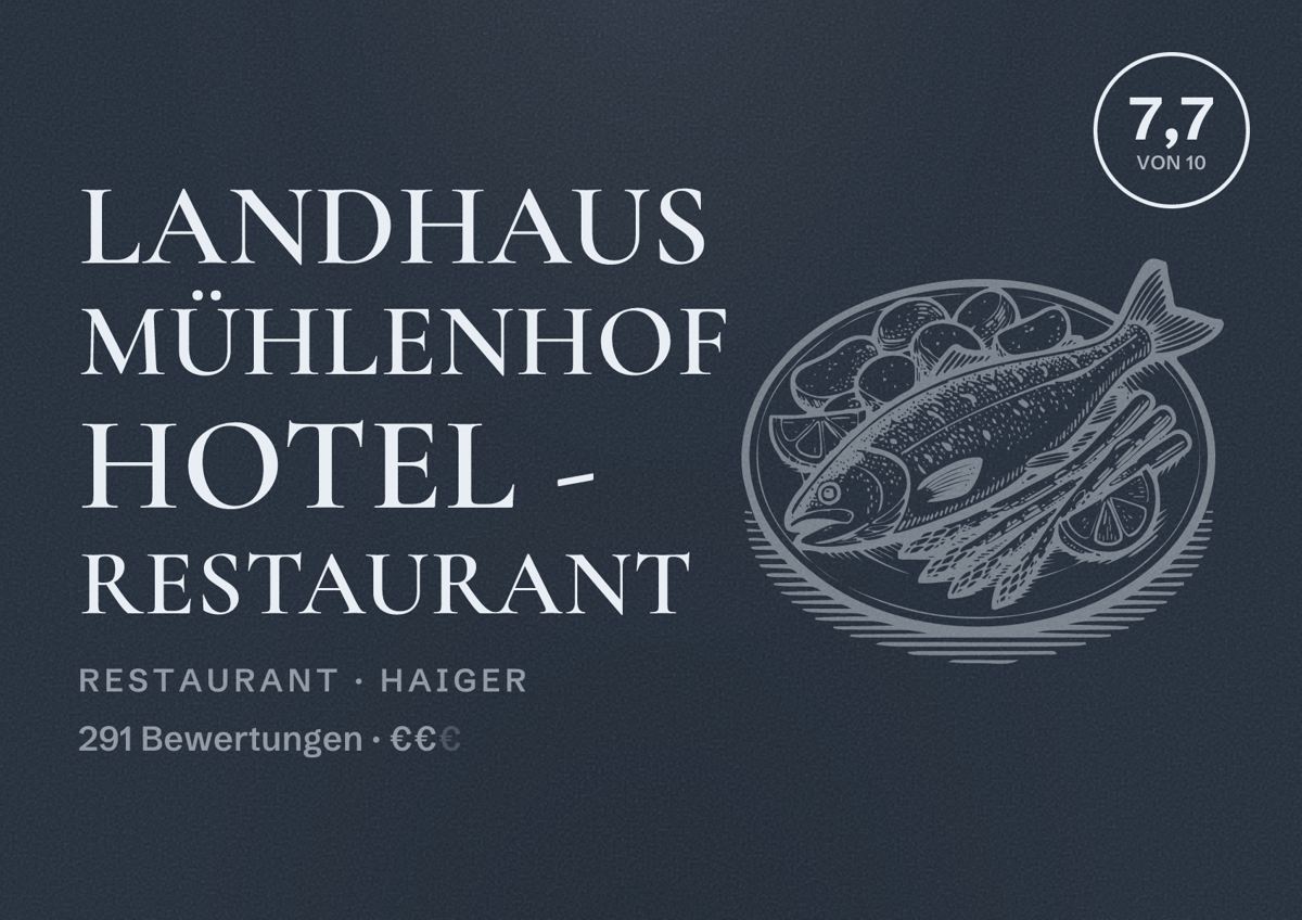 Illustriertes Poster von Landhaus Mühlenhof Hotel - Restaurant, Restaurant in Haiger: Bewertung 7,7 von 10 aus 291 Bewertungen, Preisniveau €€