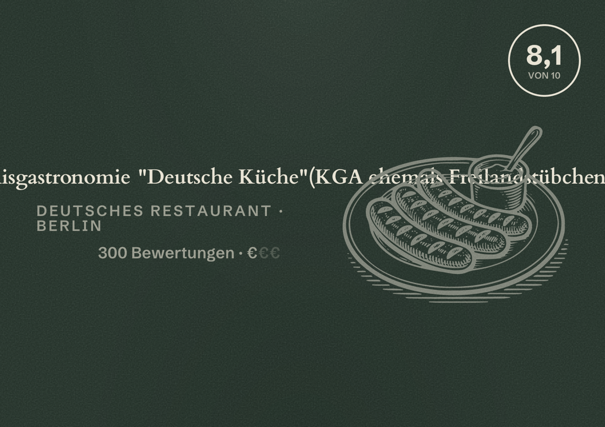 Illustriertes Poster von Landhaus Pankow Erlebnisgastronomie "Deutsche Küche"(KGA ehemals Freilandstübchen), Deutsches Restaurant in Berlin: Bewertung 8,1 von 10 aus 300 Bewertungen, Preisniveau €