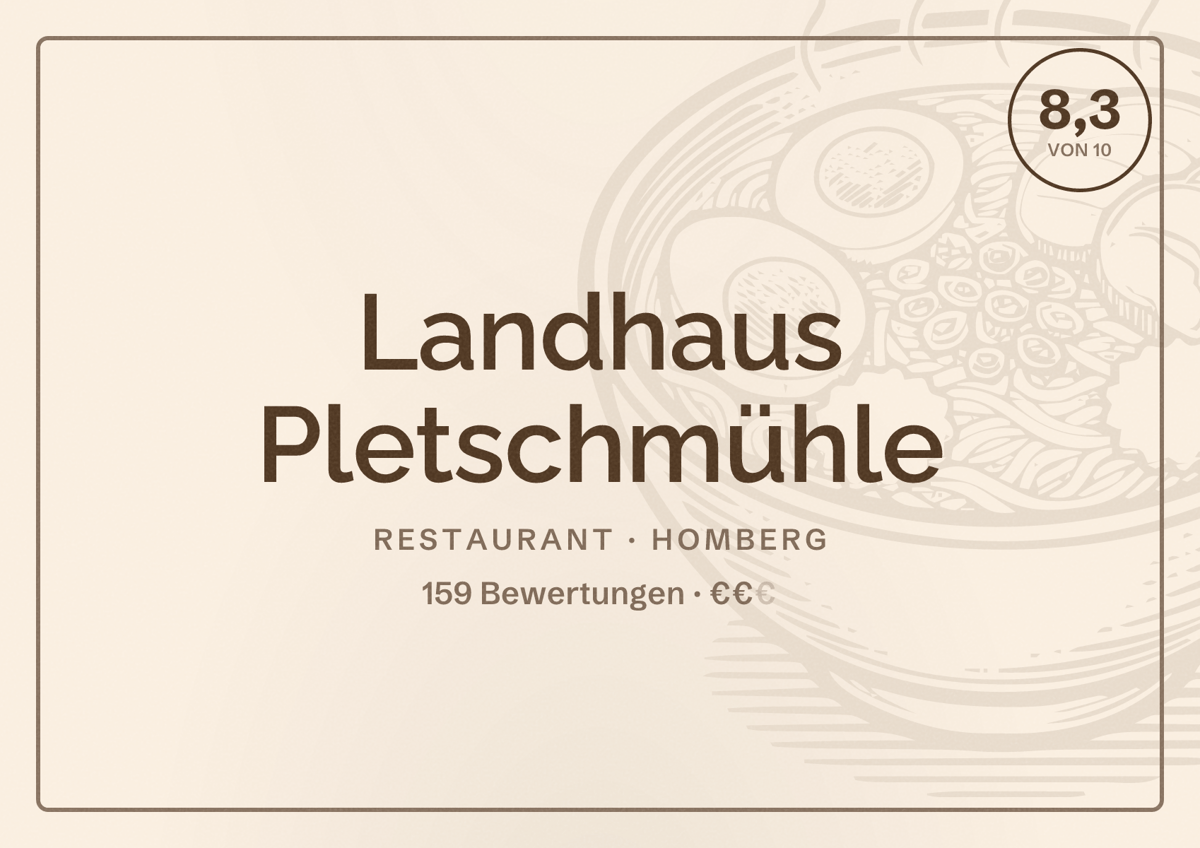 Illustriertes Poster von Landhaus Pletschmühle, Restaurant in Homberg: Bewertung 8,3 von 10 aus 159 Bewertungen, Preisniveau €€