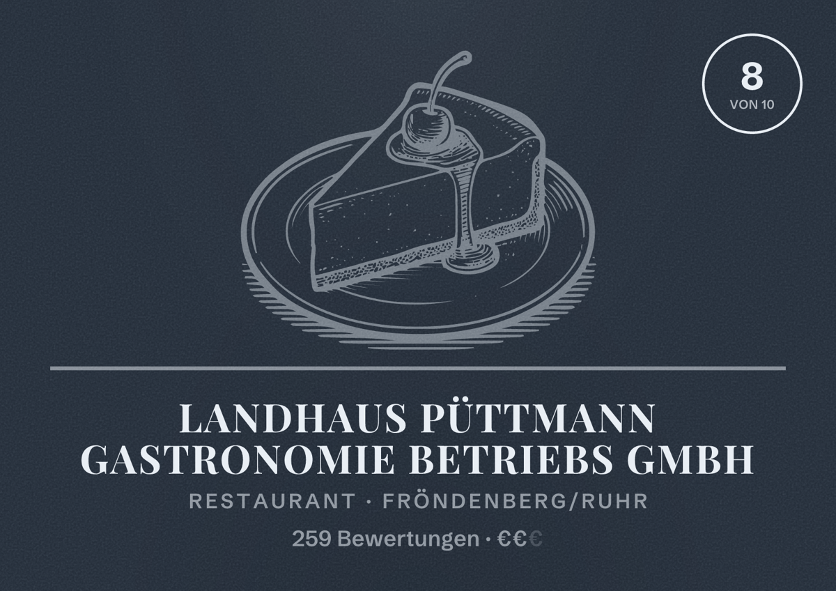 Illustriertes Poster von Landhaus Püttmann Gastronomie Betriebs GmbH, Restaurant in Fröndenberg/Ruhr: Bewertung 8 von 10 aus 259 Bewertungen, Preisniveau €€