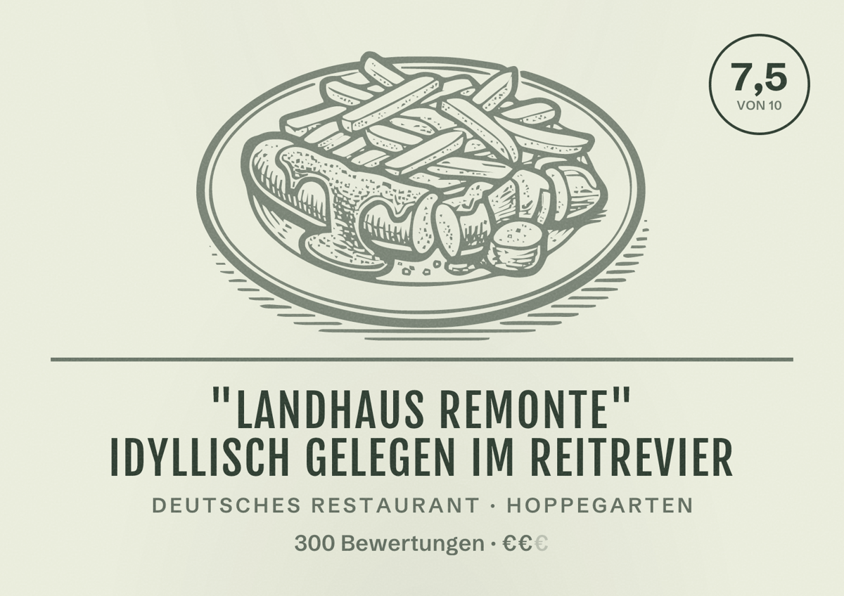 Illustriertes Poster von "Landhaus Remonte" idyllisch gelegen im Reitrevier, Deutsches Restaurant in Hoppegarten: Bewertung 7,5 von 10 aus 300 Bewertungen, Preisniveau €€
