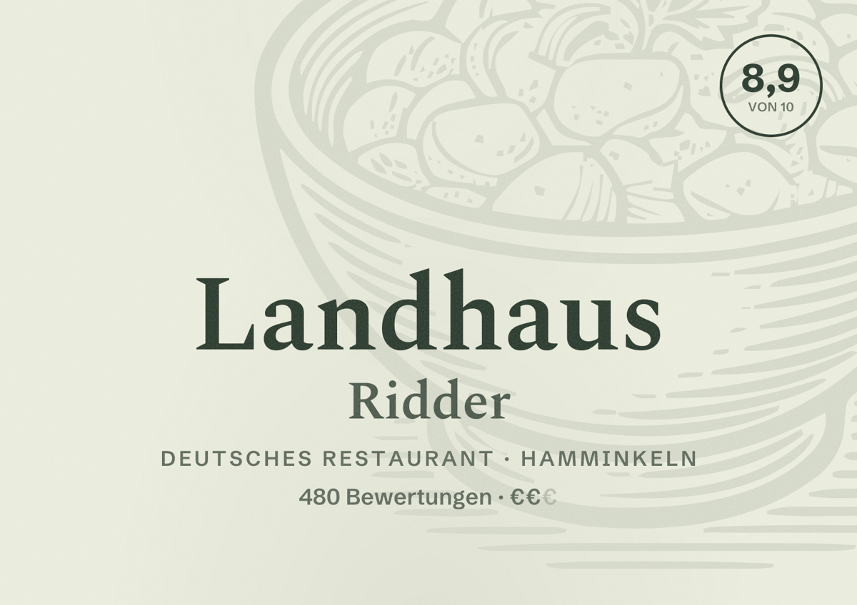 Illustriertes Poster von Landhaus Ridder, Deutsches Restaurant in Hamminkeln: Bewertung 8,9 von 10 aus 480 Bewertungen, Preisniveau €€