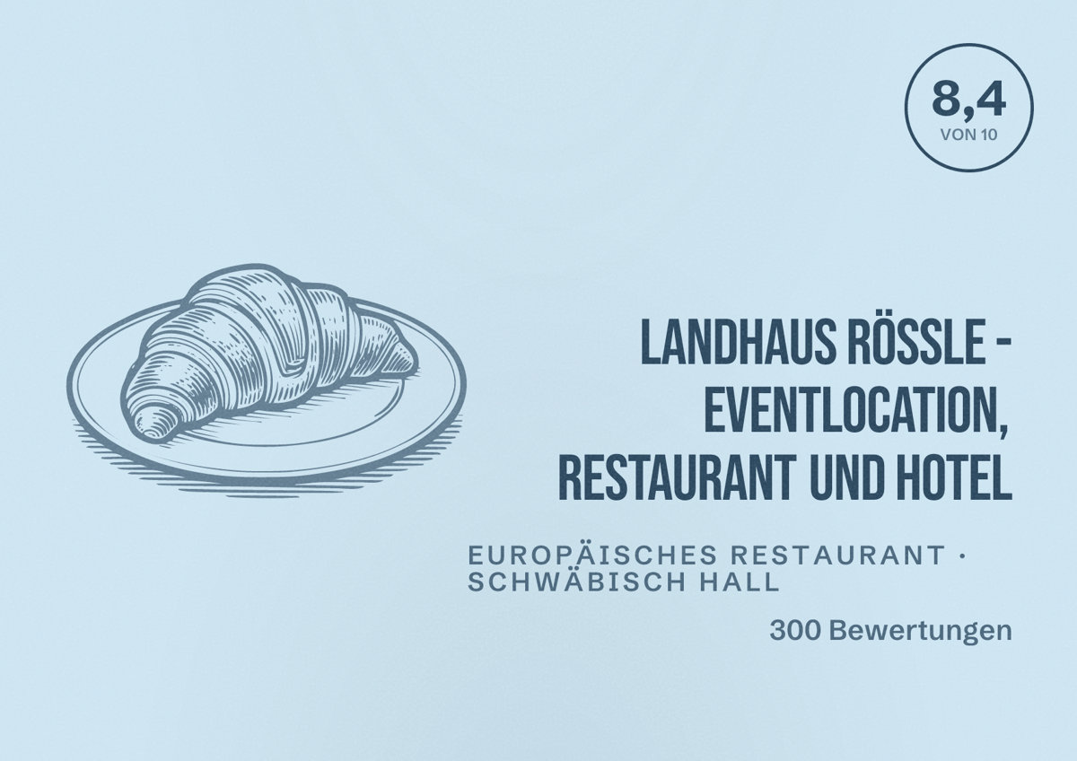 Illustriertes Poster von Landhaus Rössle - Eventlocation, Restaurant und Hotel, Europäisches Restaurant in Schwäbisch Hall: Bewertung 8,4 von 10 aus 300 Bewertungen