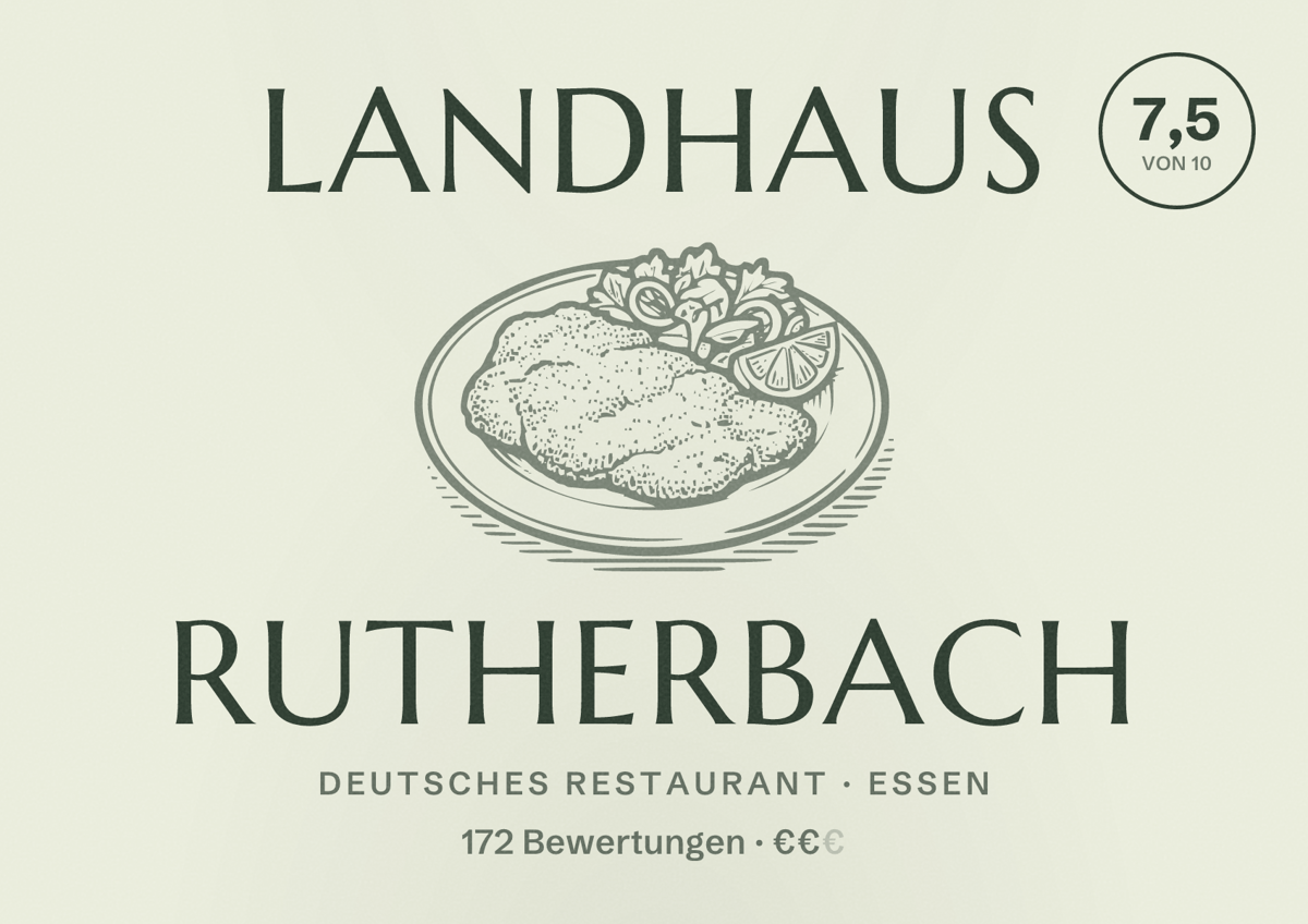 Illustriertes Poster von Landhaus Rutherbach, Deutsches Restaurant in Essen: Bewertung 7,5 von 10 aus 172 Bewertungen, Preisniveau €€