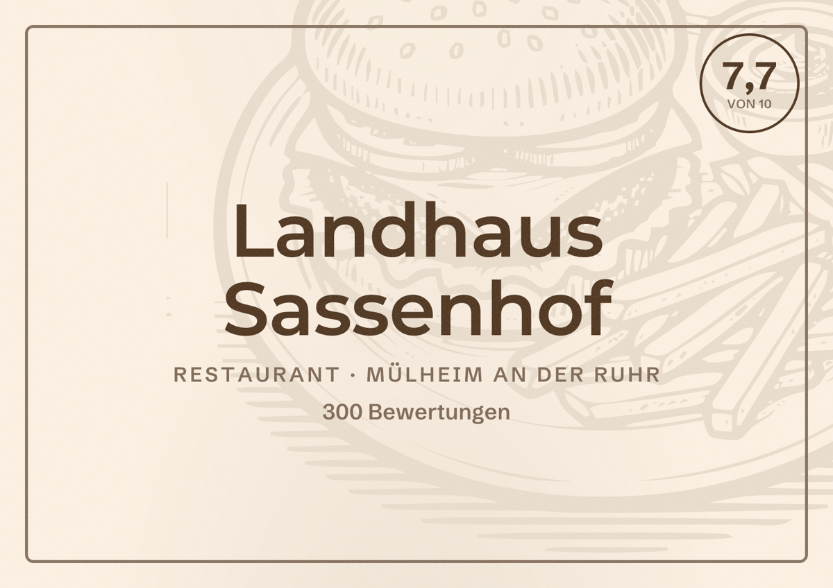 Illustriertes Poster von Landhaus Sassenhof, Restaurant in Mülheim an der Ruhr: Bewertung 7,7 von 10 aus 300 Bewertungen
