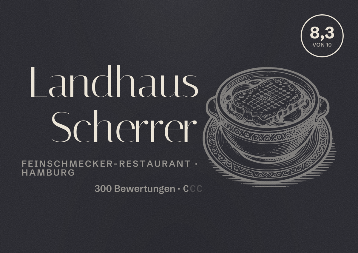 Illustriertes Poster von Landhaus Scherrer, Feinschmecker-Restaurant in Hamburg: Bewertung 8,3 von 10 aus 300 Bewertungen, Preisniveau €