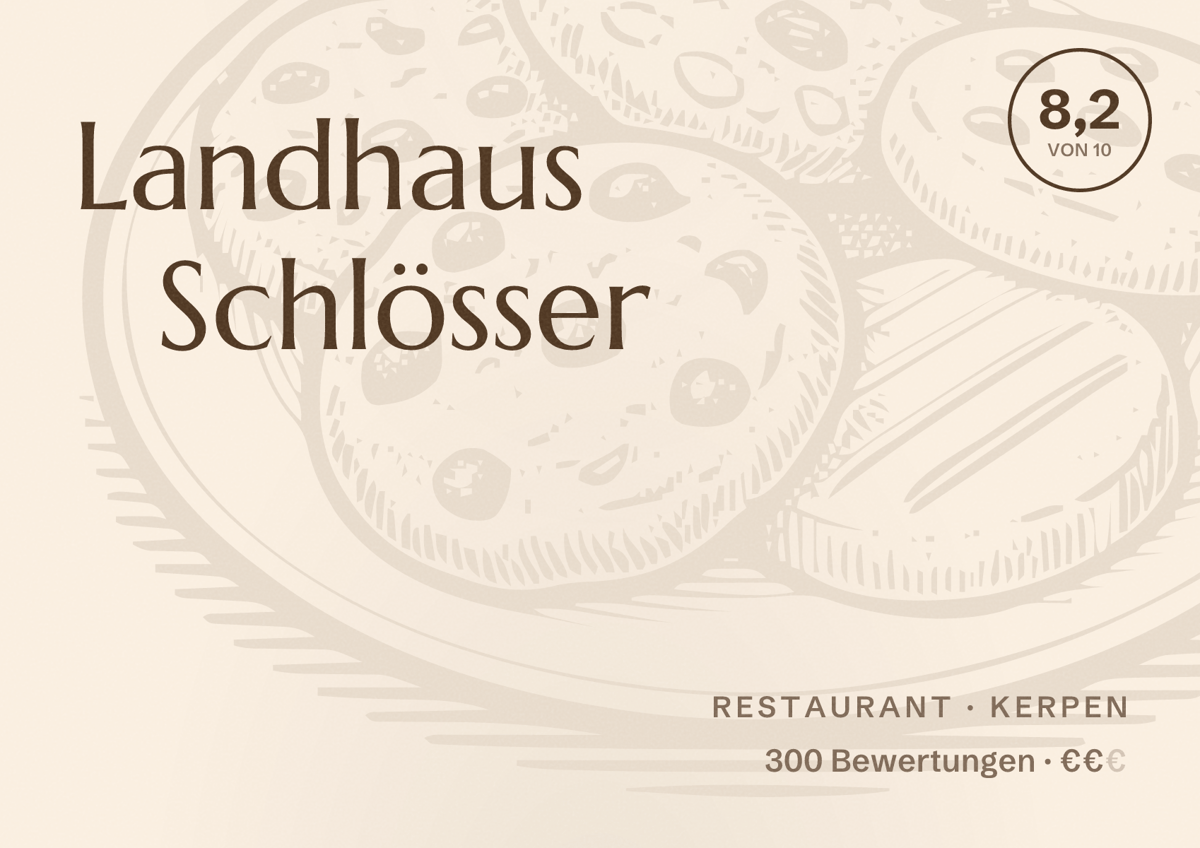 Illustriertes Poster von Landhaus Schlösser, Restaurant in Kerpen: Bewertung 8,2 von 10 aus 300 Bewertungen, Preisniveau €€