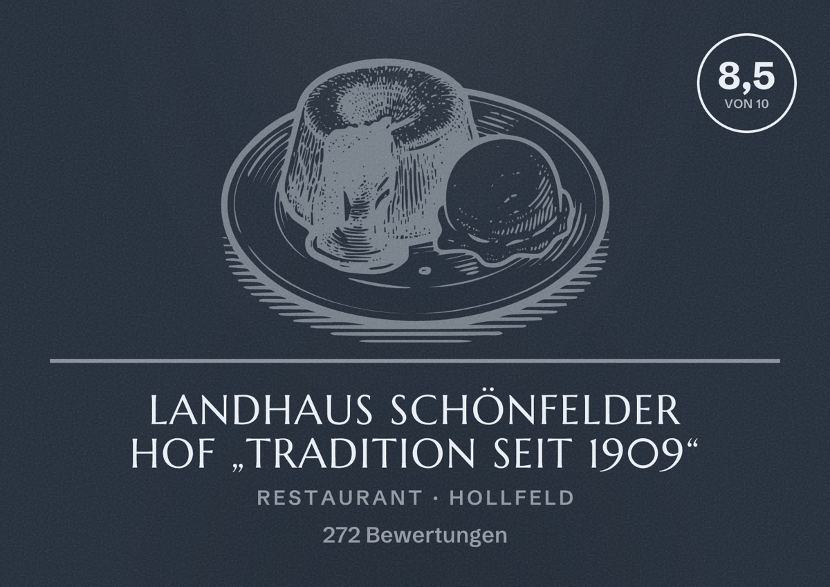 Illustriertes Poster von Landhaus Schönfelder Hof „Tradition seit 1909“, Restaurant in Hollfeld: Bewertung 8,5 von 10 aus 272 Bewertungen