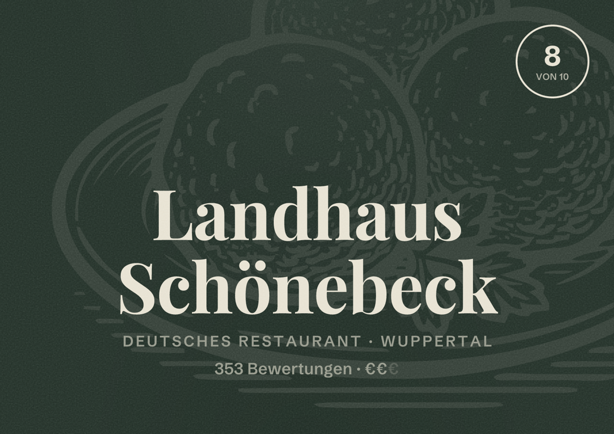 Illustriertes Poster von Landhaus Schönebeck, Deutsches Restaurant in Wuppertal: Bewertung 8 von 10 aus 353 Bewertungen, Preisniveau €€