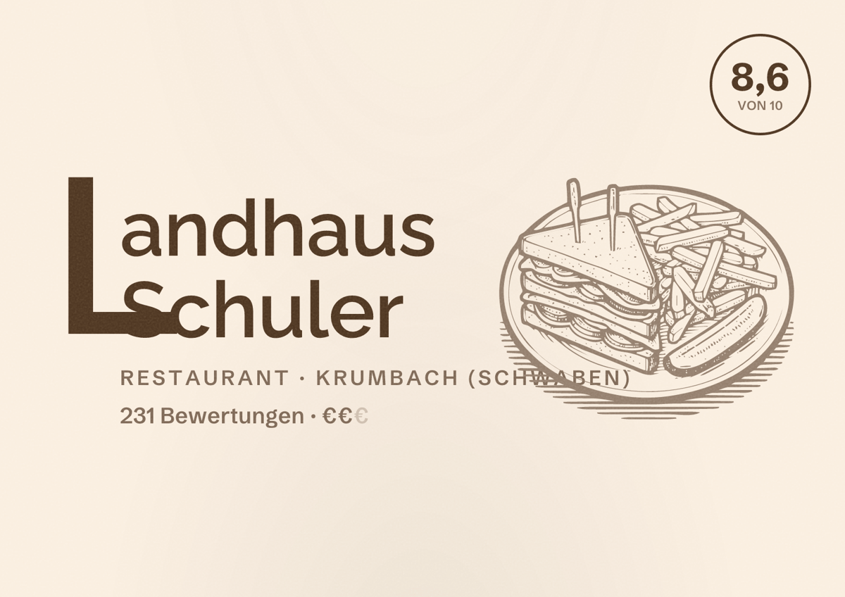 Illustriertes Poster von Landhaus Schuler, Restaurant in Krumbach (Schwaben): Bewertung 8,6 von 10 aus 231 Bewertungen, Preisniveau €€