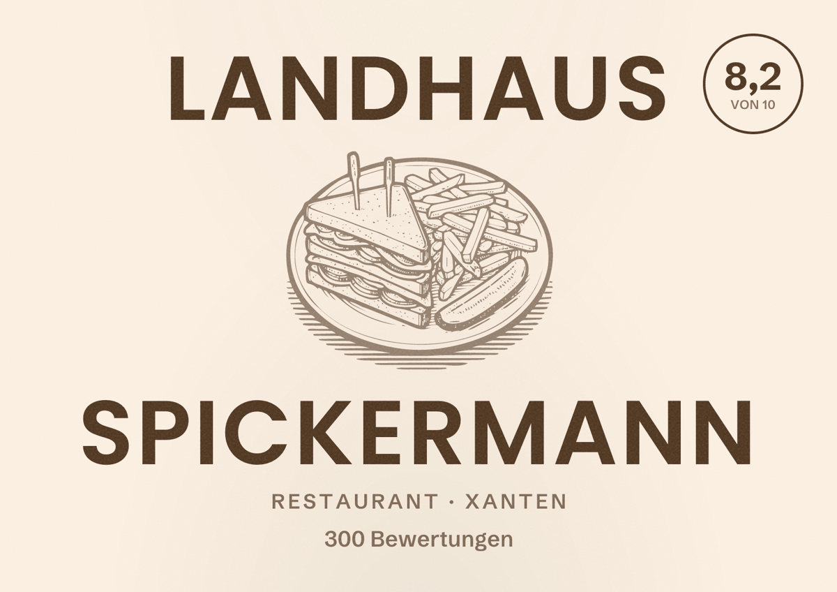 Illustriertes Poster von Landhaus Spickermann, Restaurant in Xanten: Bewertung 8,2 von 10 aus 300 Bewertungen