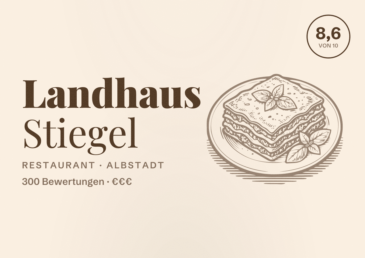 Illustriertes Poster von Landhaus Stiegel, Restaurant in Albstadt: Bewertung 8,6 von 10 aus 300 Bewertungen, Preisniveau €€€
