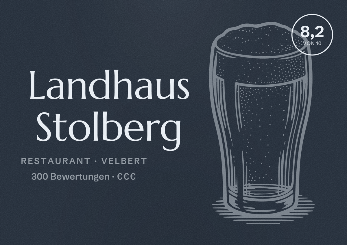 Illustriertes Poster von Landhaus Stolberg, Restaurant in Velbert: Bewertung 8,2 von 10 aus 300 Bewertungen, Preisniveau €€€