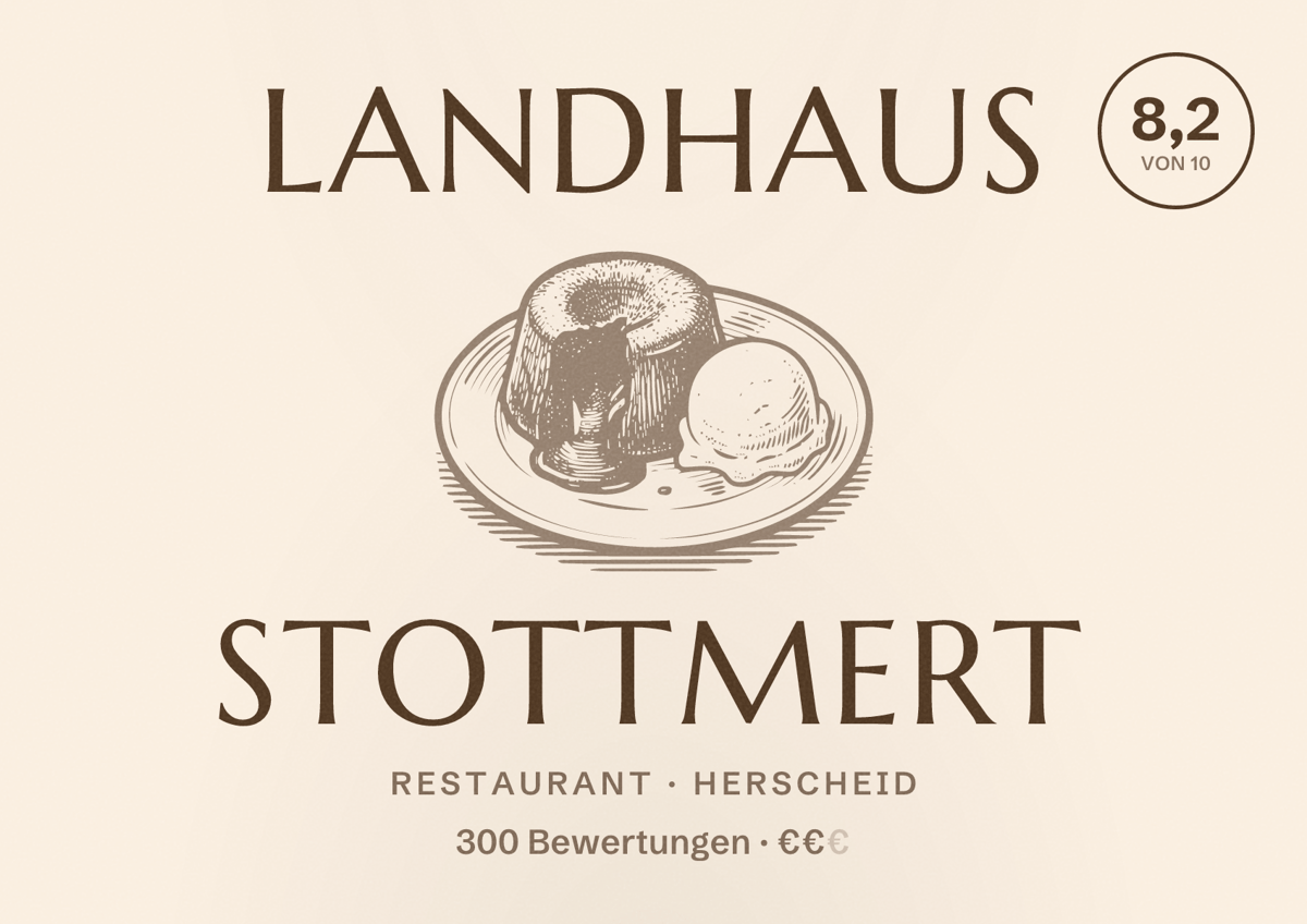Illustriertes Poster von Landhaus Stottmert, Restaurant in Herscheid: Bewertung 8,2 von 10 aus 300 Bewertungen, Preisniveau €€