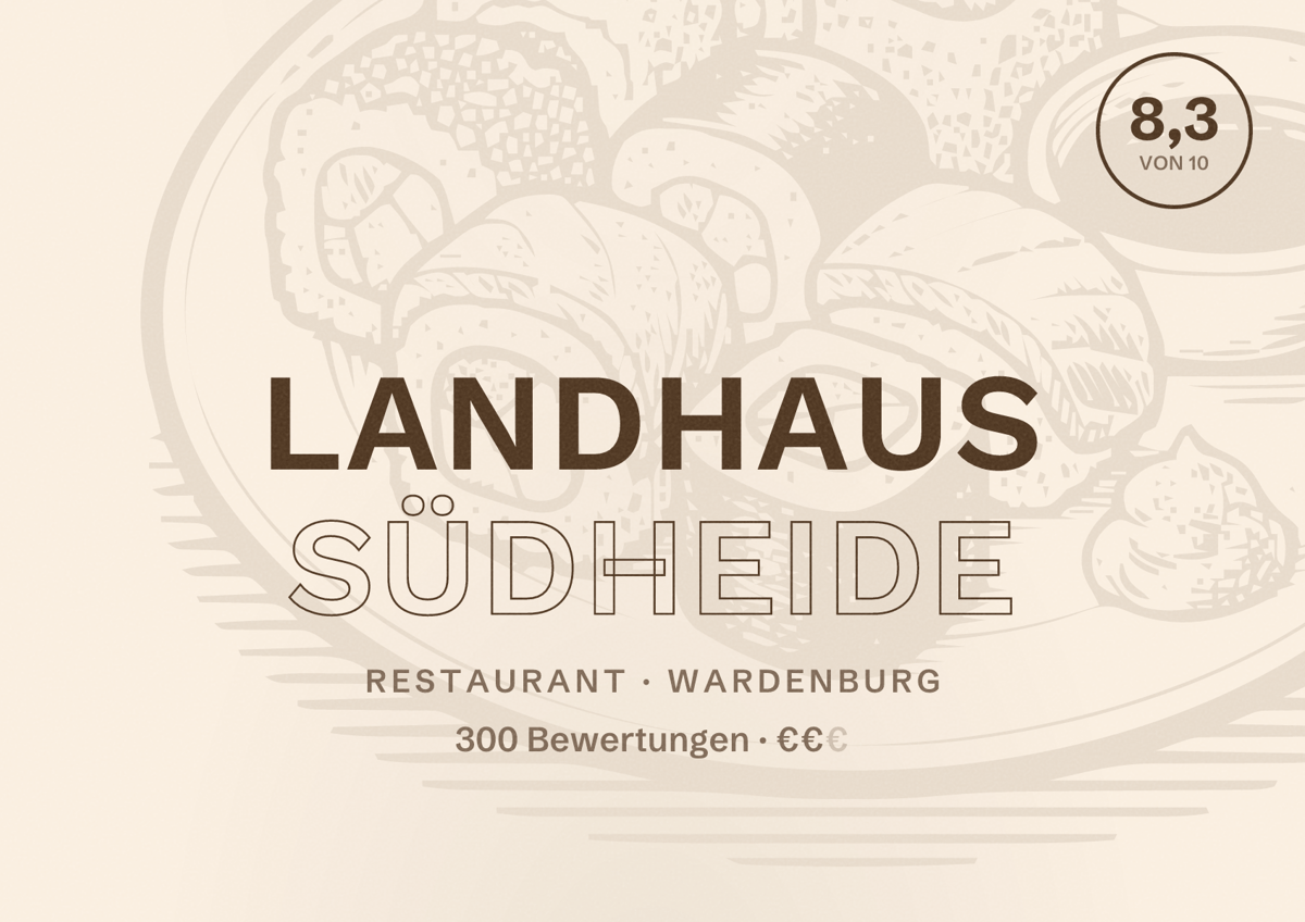 Illustriertes Poster von Landhaus Südheide, Restaurant in Wardenburg: Bewertung 8,3 von 10 aus 300 Bewertungen, Preisniveau €€