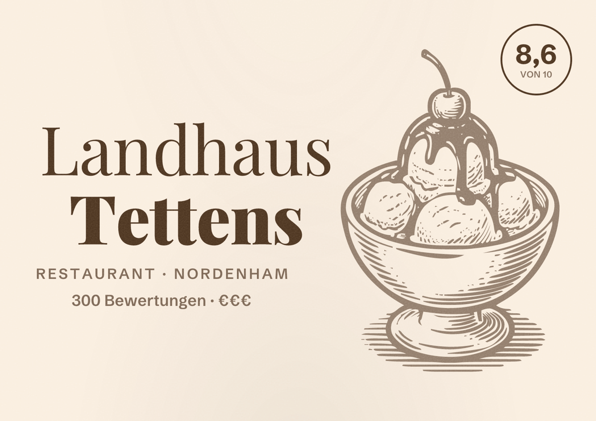 Illustriertes Poster von Landhaus Tettens, Restaurant in Nordenham: Bewertung 8,6 von 10 aus 300 Bewertungen, Preisniveau €€€