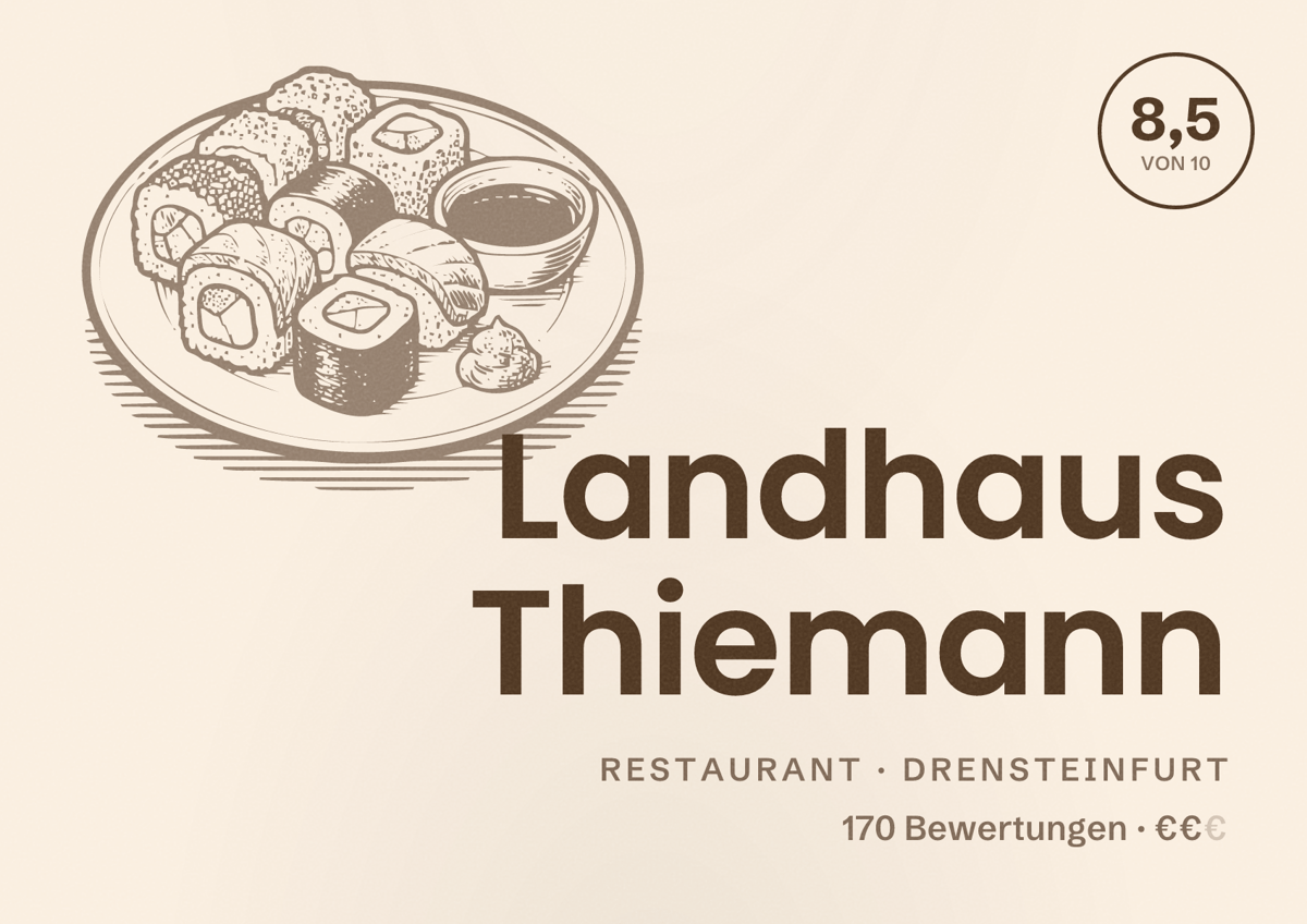 Illustriertes Poster von Landhaus Thiemann, Restaurant in Drensteinfurt: Bewertung 8,5 von 10 aus 170 Bewertungen, Preisniveau €€