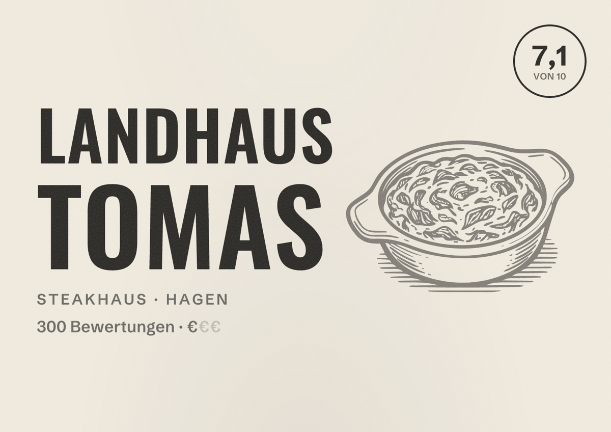 Illustriertes Poster von Landhaus Tomas, Steakhaus in Hagen: Bewertung 7,1 von 10 aus 300 Bewertungen, Preisniveau €