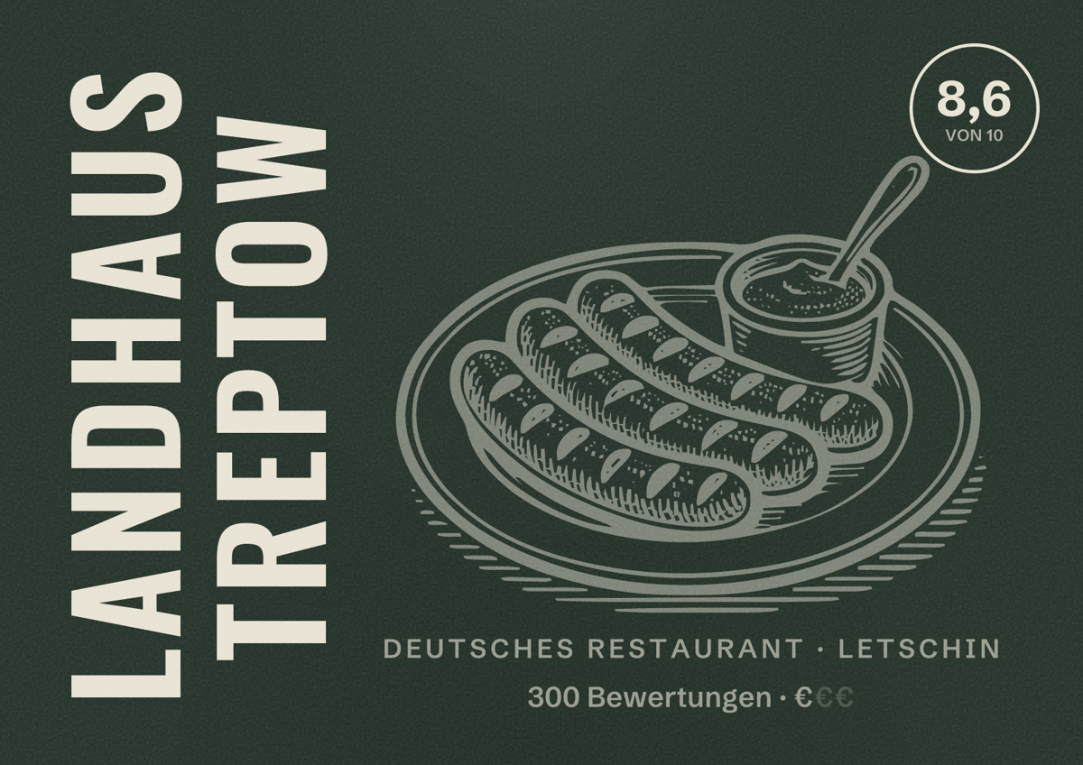 Illustriertes Poster von Landhaus Treptow, Deutsches Restaurant in Letschin: Bewertung 8,6 von 10 aus 300 Bewertungen, Preisniveau €