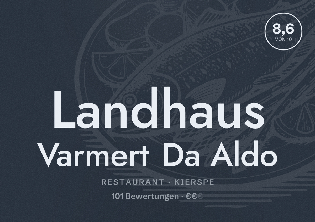 Illustriertes Poster von Landhaus Varmert Da Aldo, Restaurant in Kierspe: Bewertung 8,6 von 10 aus 101 Bewertungen, Preisniveau €€