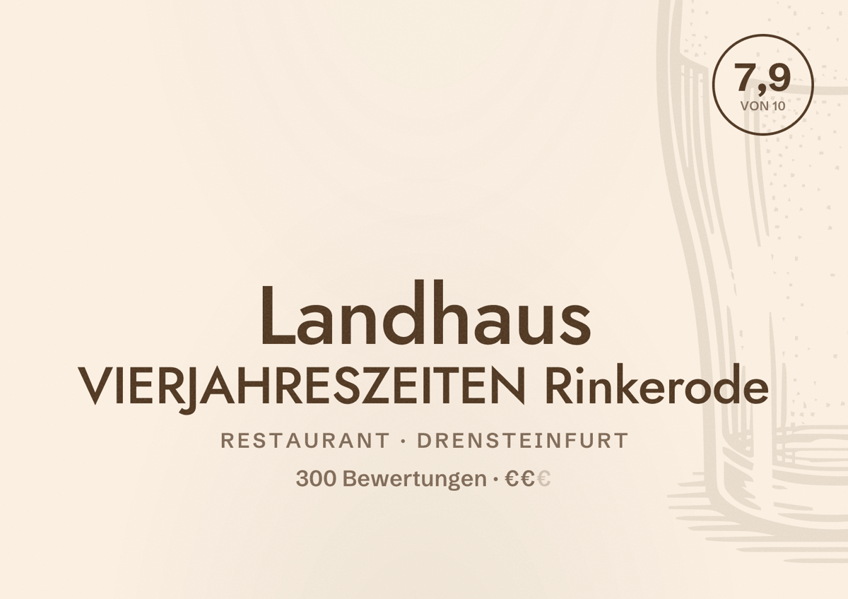 Illustriertes Poster von Landhaus VIERJAHRESZEITEN Rinkerode, Restaurant in Drensteinfurt: Bewertung 7,9 von 10 aus 300 Bewertungen, Preisniveau €€
