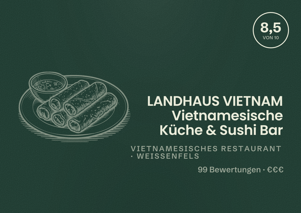 Illustriertes Poster von LANDHAUS VIETNAM Vietnamesische Küche & Sushi Bar, Vietnamesisches Restaurant in Weißenfels: Bewertung 8,5 von 10 aus 99 Bewertungen, Preisniveau €€€