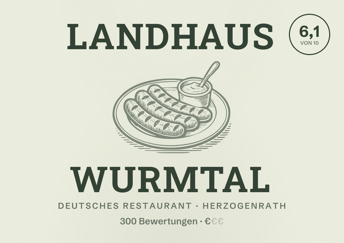 Illustriertes Poster von Landhaus Wurmtal, Deutsches Restaurant in Herzogenrath: Bewertung 6,1 von 10 aus 300 Bewertungen, Preisniveau €