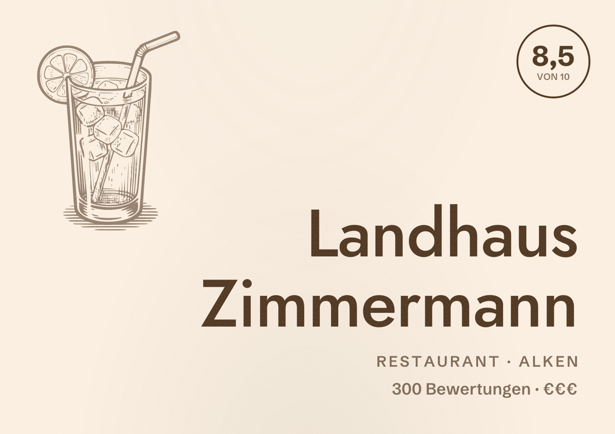 Illustriertes Poster von Landhaus Zimmermann, Restaurant in Alken: Bewertung 8,5 von 10 aus 300 Bewertungen, Preisniveau €€€