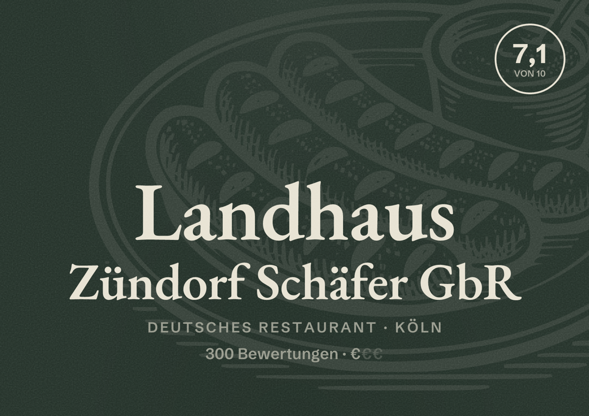Illustriertes Poster von Landhaus Zündorf Schäfer GbR, Deutsches Restaurant in Köln: Bewertung 7,1 von 10 aus 300 Bewertungen, Preisniveau €
