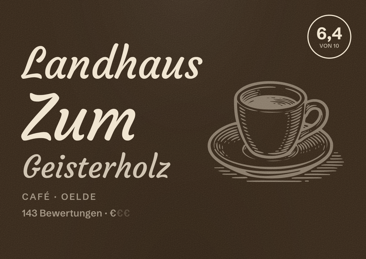 Illustriertes Poster von Landhaus Zum Geisterholz, Café in Oelde: Bewertung 6,4 von 10 aus 143 Bewertungen, Preisniveau €