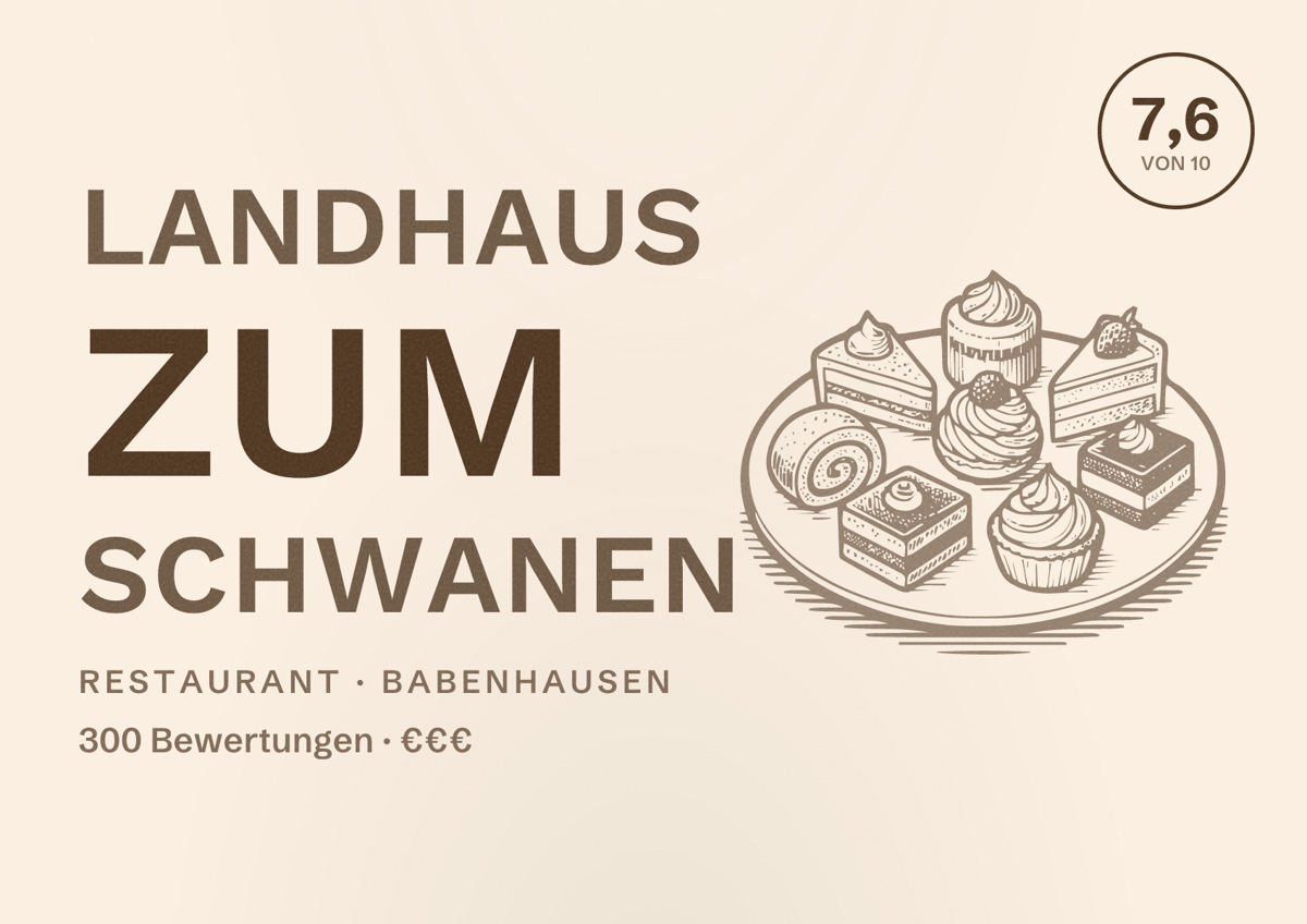 Illustriertes Poster von Landhaus Zum Schwanen, Restaurant in Babenhausen: Bewertung 7,6 von 10 aus 300 Bewertungen, Preisniveau €€€