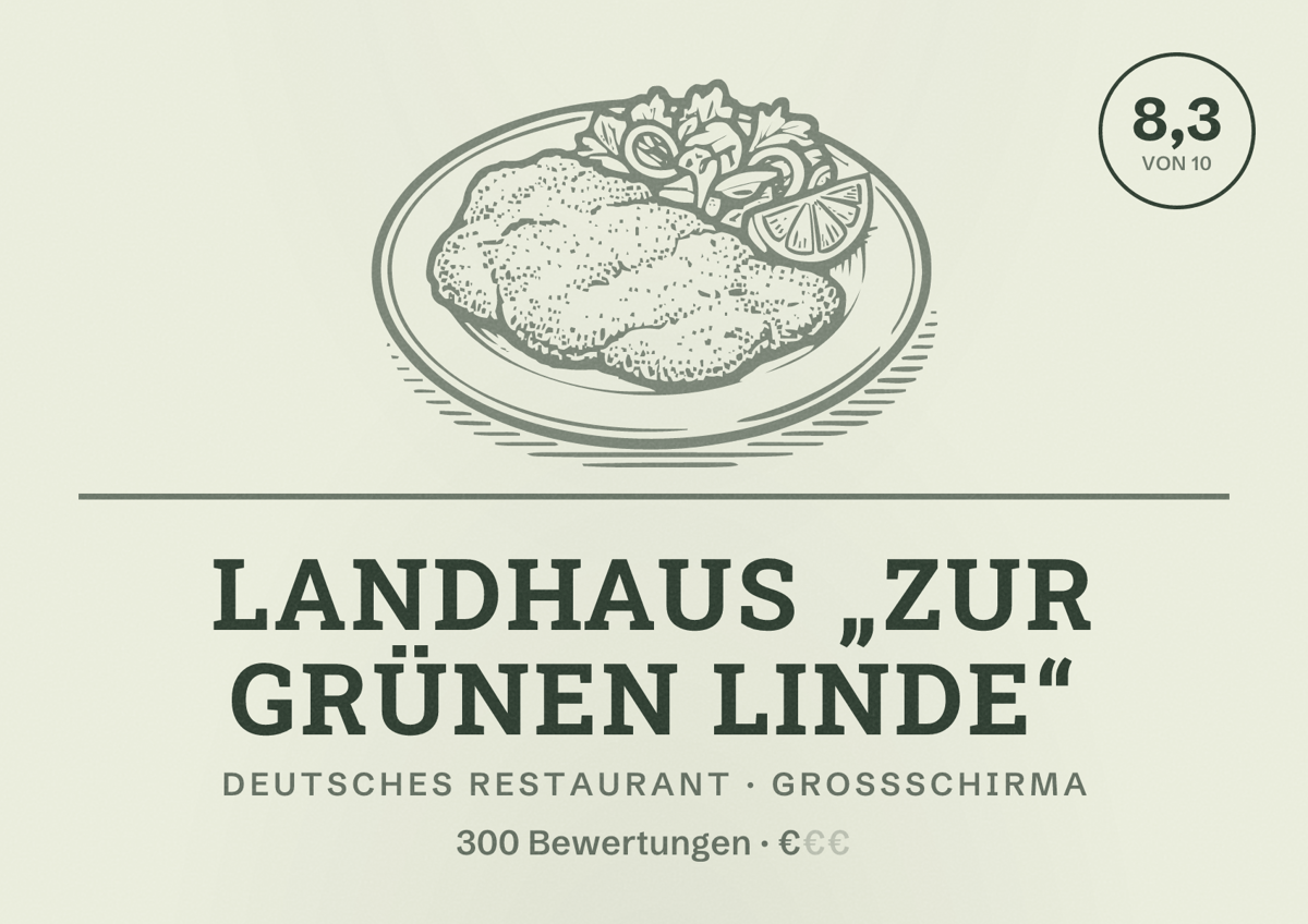 Illustriertes Poster von Landhaus „Zur grünen Linde“, Deutsches Restaurant in Großschirma: Bewertung 8,3 von 10 aus 300 Bewertungen, Preisniveau €