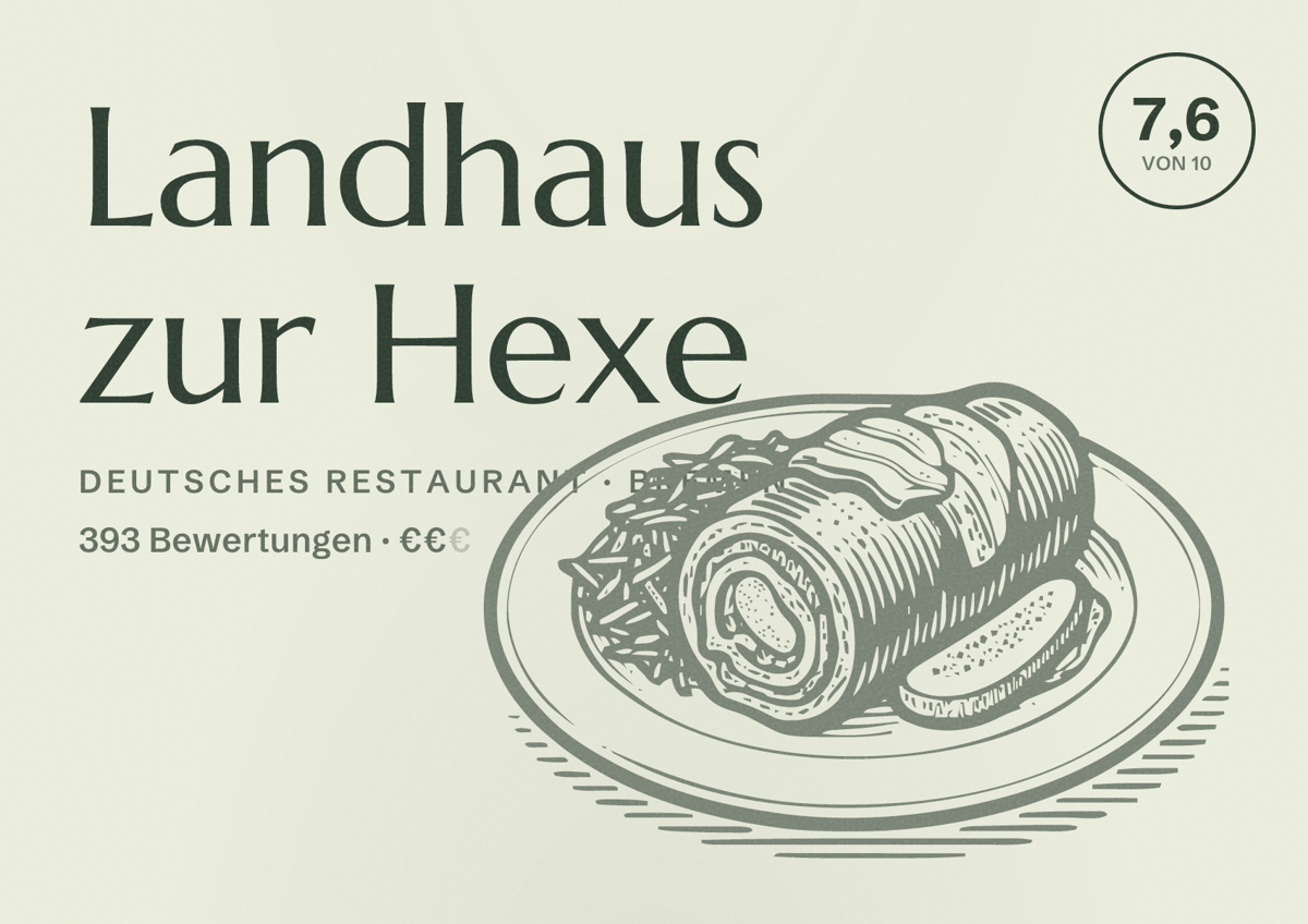 Illustriertes Poster von Landhaus zur Hexe, Deutsches Restaurant in Bremen: Bewertung 7,6 von 10 aus 393 Bewertungen, Preisniveau €€