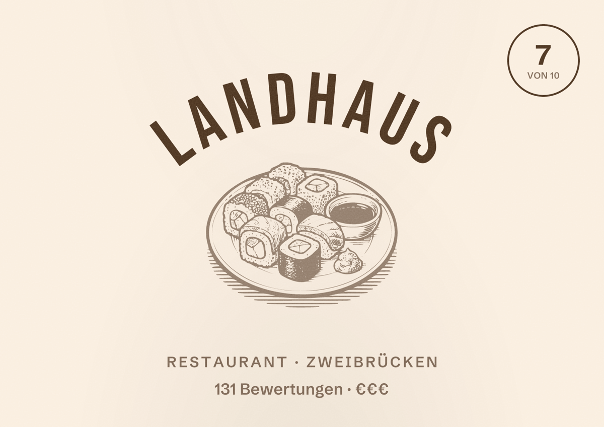 Illustriertes Poster von Landhaus, Restaurant in Zweibrücken: Bewertung 7 von 10 aus 131 Bewertungen, Preisniveau €€€