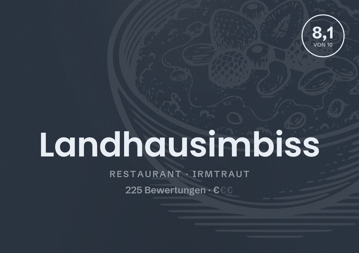 Illustriertes Poster von Landhausimbiss, Restaurant in Irmtraut: Bewertung 8,1 von 10 aus 225 Bewertungen, Preisniveau €